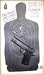 NRA B-34 Target, a half scale version of the B-27. This target was shot with 30 rounds of .45acp Blazer 230gr, from 25 yards unsupported, using a Kimber 1911. Group size is 6.5 inches.