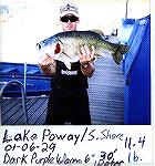 Here is my lunker . I caught him out of a Browning float tube using a  dark
purple plastic. The rig was a Shimano open face with 12'''' Trilene line. What
a ride he gave me all over the lake. He was