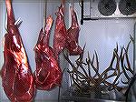 Meat hanging in TJ's walk-in cooler.